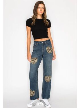 Forever 21, inspired by Cali1850, Leopard Heart Patched Low Rise Baggy Jeans M